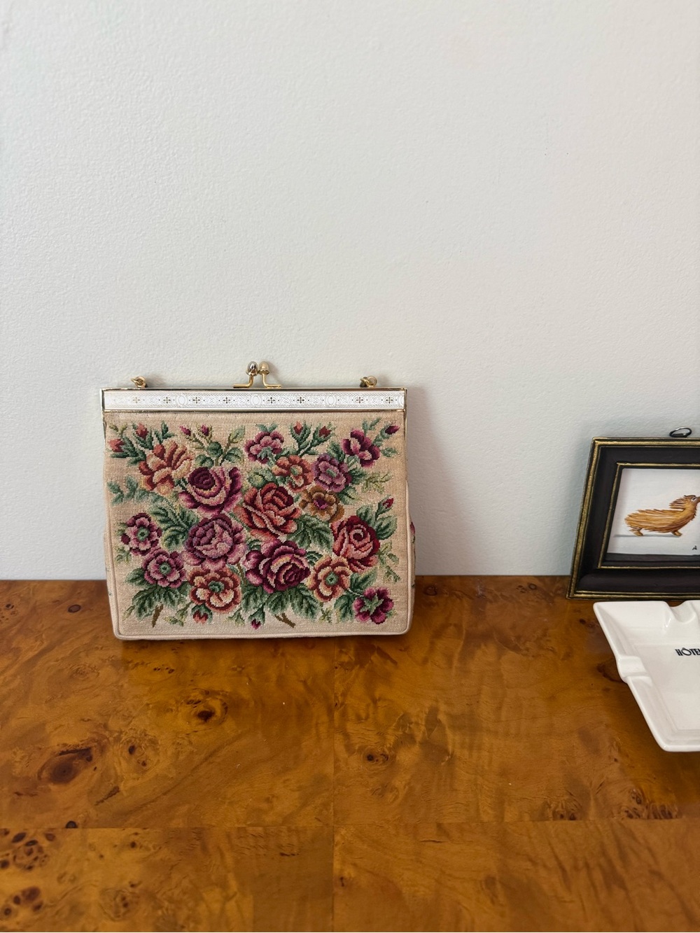 Vintage needlepoint clutch purse with chain